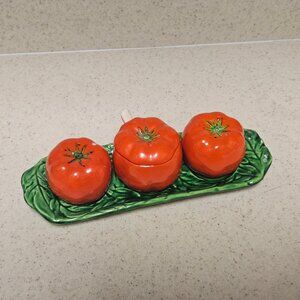 Occupied Japan Tomato Salt & Pepper Shakers Mustard Jar W/Spoon on Tray